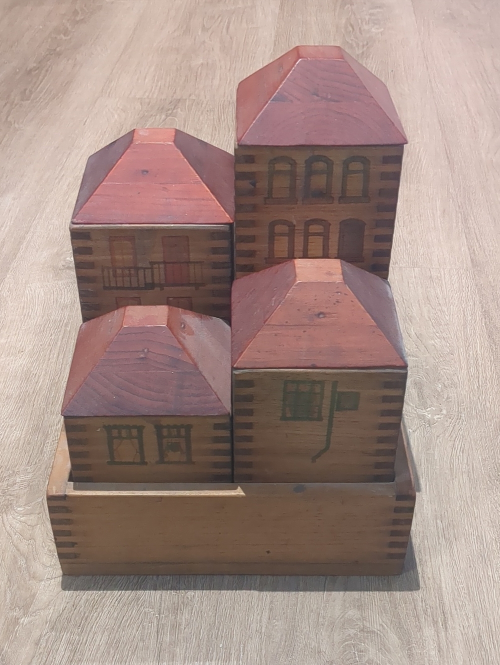 Vintage Wooden Storage Boxes House Set